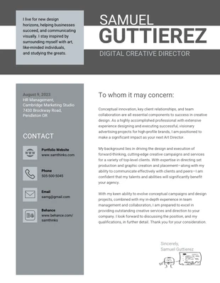 Free  Template: Gray Digital creative Director Cover Letter Template