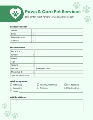 Free  Template: Hint of Green Pawn Care Pet Service Form Template