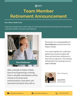 Free  Template: Team Member Retirement Announcement Email Newsletter Template