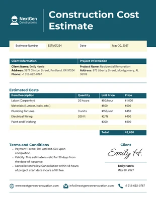 Free  Template: Itemized Construction Estimate Template