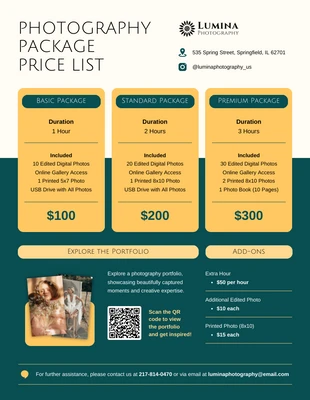 premium  Template: Beginner Photography Price List Template