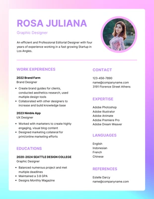 Free  Template: Gradient Feminine Graphic Designer Resume Template