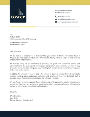 Free  Template: Dark Navy and Yellow Modern Minimalist Hotel Letterhead Template