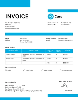 Free  Template: Picton Blue Clean Car Rental Invoice Template