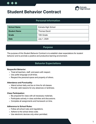 Free  Template: Student Behavior Contract Template