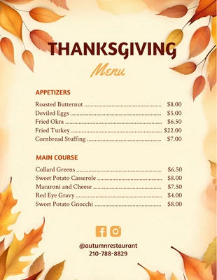 Free  Template: Light Yellow Classic Illustration Thanksgiving Menu