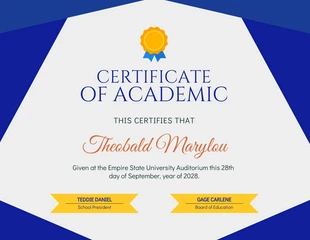 Free  Template: Blue Yellow Certificate of Academic Template