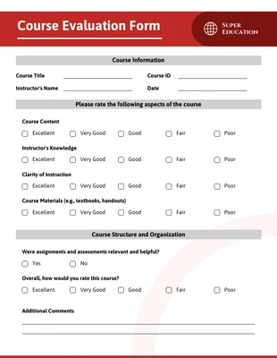 business  Template: Deep Red Course Evaluation Form Template