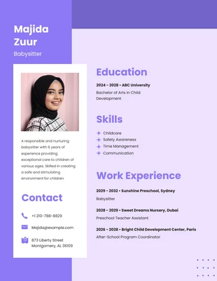 Free  Template: Light Purple Babysitting Resume Template