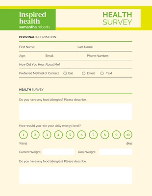 Free  Template: Health Survey Personal Information Form Template