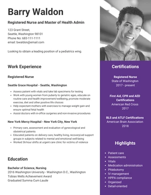 Free  Template: Grey Purple Nursing Resume Template