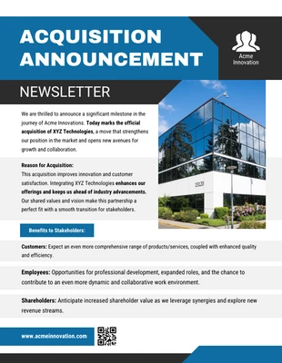 Free  Template: Company Acquisition Announcement Newsletter Template