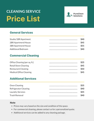 business  Template: Green Cleaning Service Price List Template