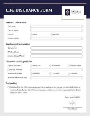 business  Template: Life Insurance Form Template