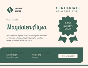 Free  Template: Beige Green Best Award Appreciation Certificate Template