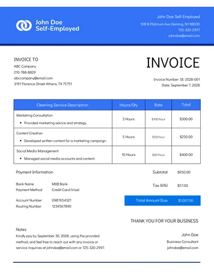 Free  Template: Simple Blue Self-employed Invoice Template