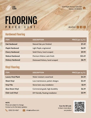 Free interactive Template: Flooring Price List Template