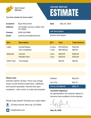 business  Template: Home Repair Estimate Template