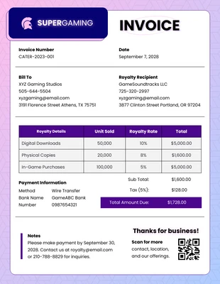 Free  Template: Royalty Gaming Invoice Template