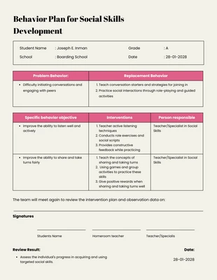 Free  Template: Behavior Plan for Social Skills Development Template