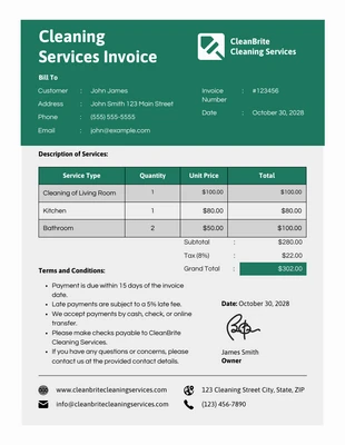 Free  Template: Modern Green Grey Cleaning Invoice Template