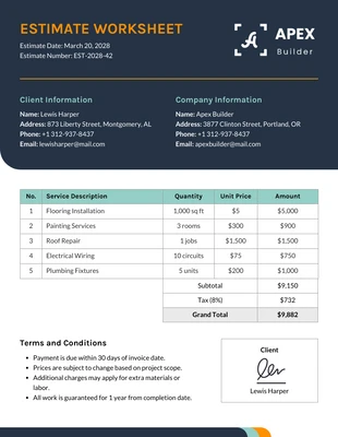 business  Template: Estimate Worksheet Template