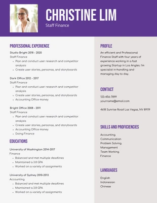 Free  Template: Light Grey Purple Financial Analyst Resume Template