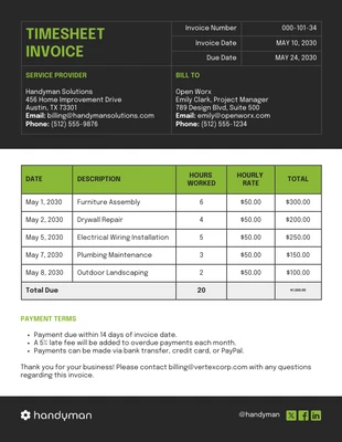 business  Template: Timesheet Invoice Table Chart