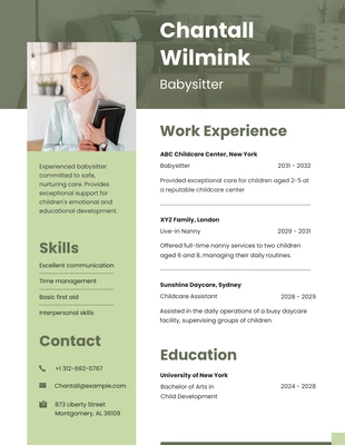 Free  Template: Simple Green White Babysitter Resume Template