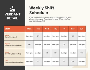 Free accessible Template: Weekly Staff Shift Schedule Table Chart