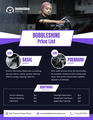 Free  Template: Dark Purple Auto Spa Wash Price List Template