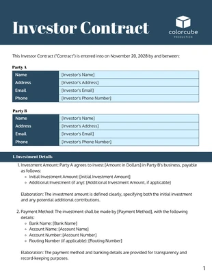 business  Template: Teal Light Blue Investor Contract Template