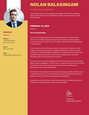 Free  Template: Yellow Red Computer Science Student Cover Letter Template