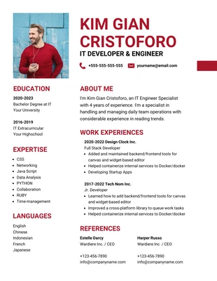 Free  Template: White Red Simple Professional IT Engineer Resume Template