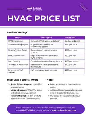 Free  Template: HVAC Price List Template