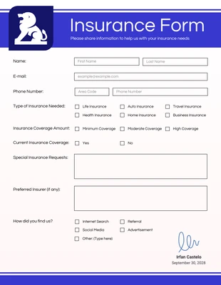 Free  Template: Governor Bay Insurance Form Template