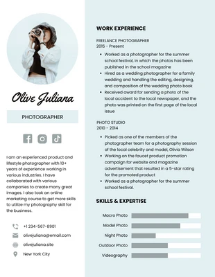 Free  Template: Light Blue Woman Photographer Resume Format Template