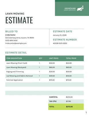 Free  Template: Lawn Mowing Estimate Template