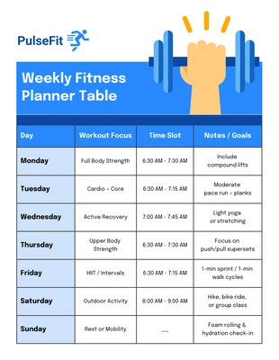 Free accessible Template: Weekly Fitness Planner Table Schedule Template