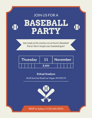 Free  Template: Fun Blue And Orange Baseball Party Invitation