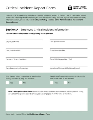 Free  Template: Healthcare Employee Critical Incident Report Template