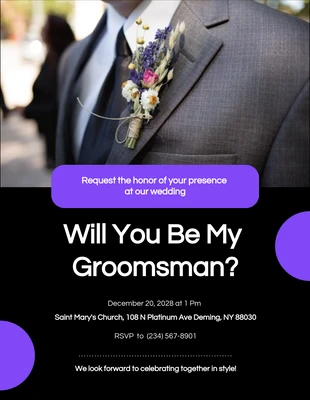 Free  Template: Black And Purple Minimalist Modern Groomsman Invitations