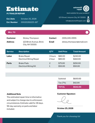 Free  Template: PJ Trailer Repair Estimate Template