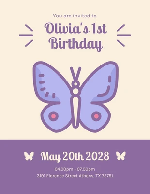 Free  Template: Light Yellow And Purple Simple Illustration Butterfly Birthday Invitation