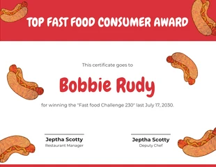 Free  Template: Illustration Fast Food Consumer Funny Certificate Template