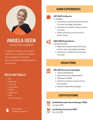 Free  Template: White Orange Information Technology Resume Template