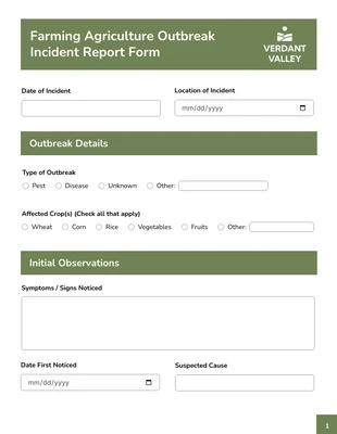 Free  Template: Farming Agriculture Outbreak Incident Report Template