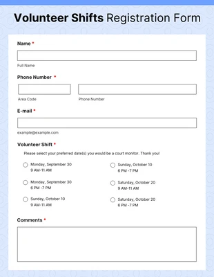 Free  Template: Volunteer Shifts Registration Form Template