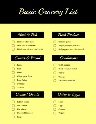 Free interactive Template: Light Yellow Basic Grocery List Checklist Template