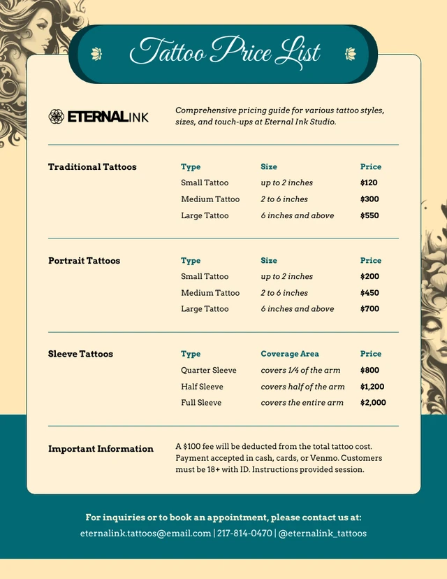 Tattoo Price List Template